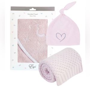 3 Piece BABYSHOWER Sprinkle Gift For Girl Towel Blanket & Beany Hat 100% Cotton